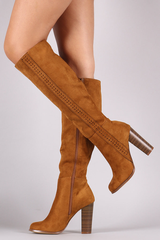 Suede Perforated Trim Chunky Heeled Knee High Boots