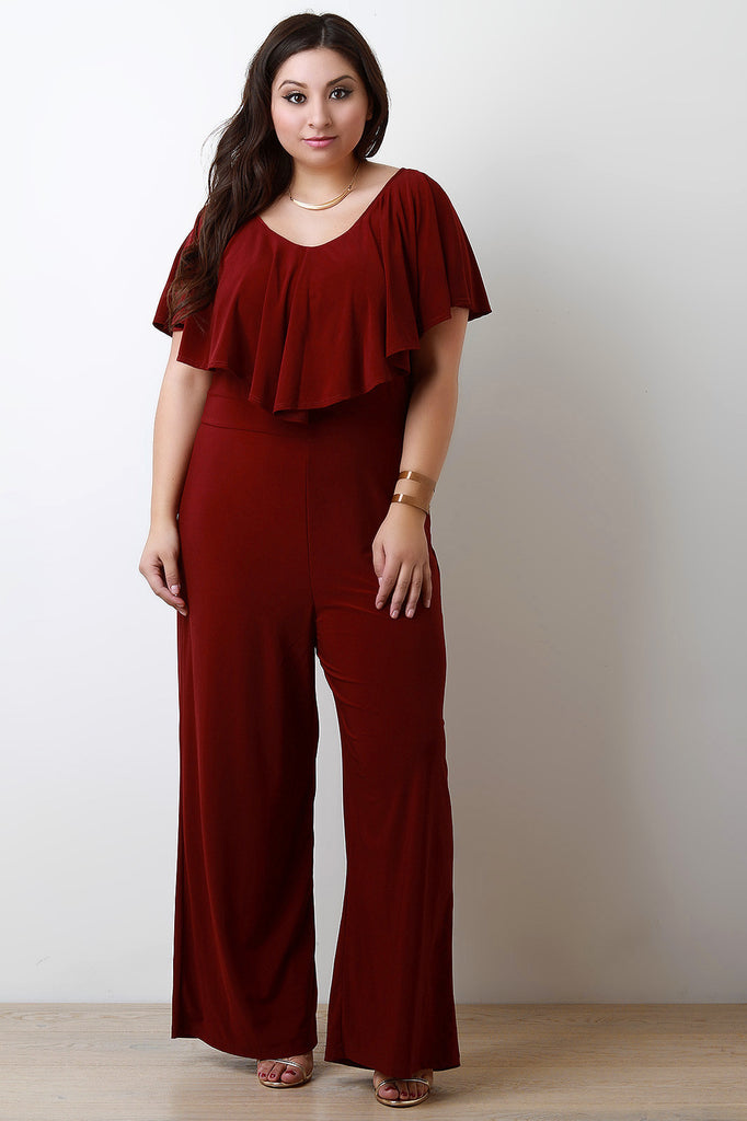 V Neck Ruffle Trim Wide Leg Jumpsuit