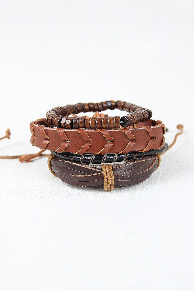 Leather And Wood Bracelet Set