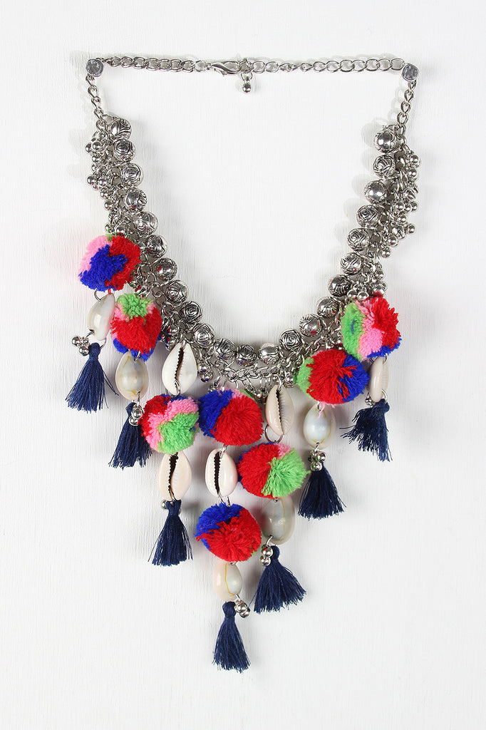 Pompom Cowries Shells Bib Necklace