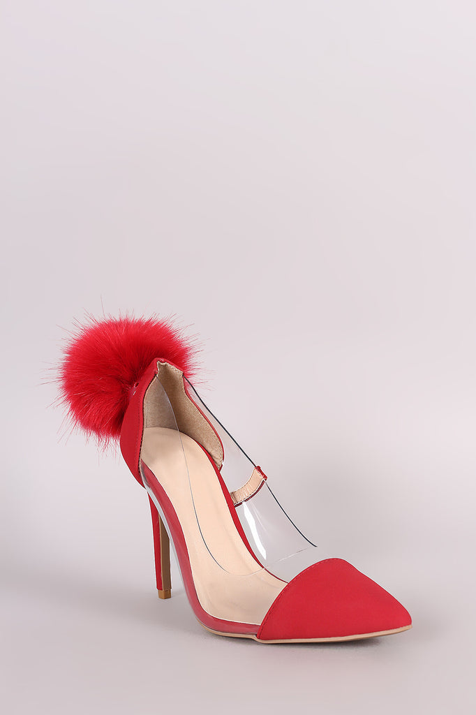 Qupid Nubuck Fur Pom Pom Pointy Toe Lucite Pump