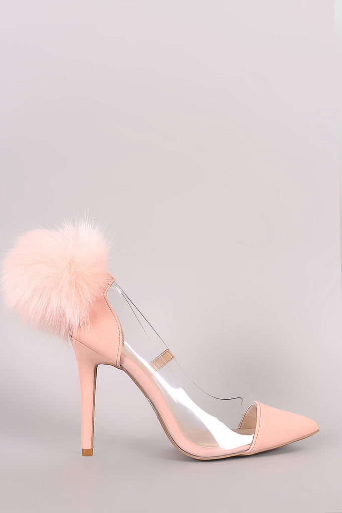 Qupid Nubuck Fur Pom Pom Pointy Toe Lucite Pump
