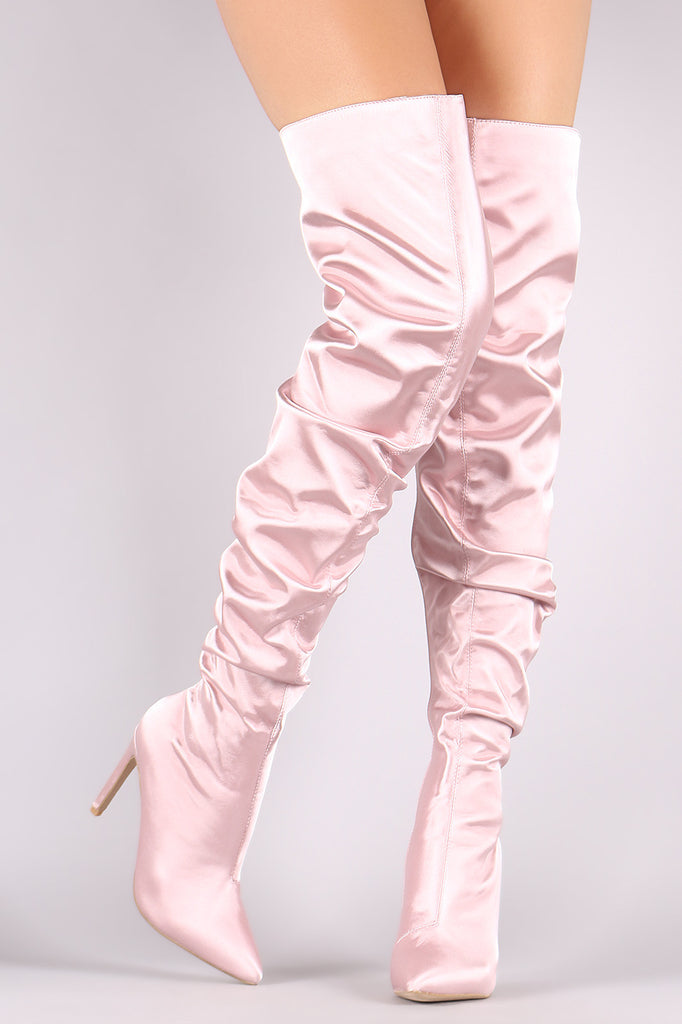 Slouchy Satin Pointy Toe Stiletto Over-The-Knee Boots