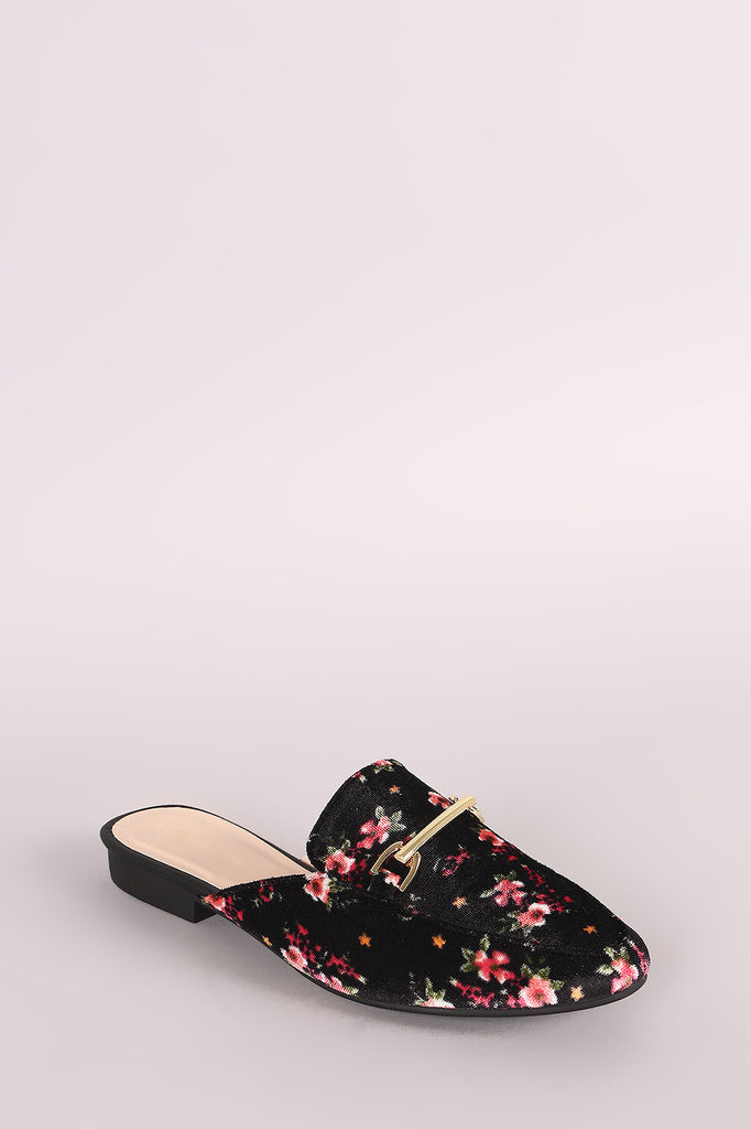 Qupid Floral Print Velvet Horsebit Slip On Loafer Mules