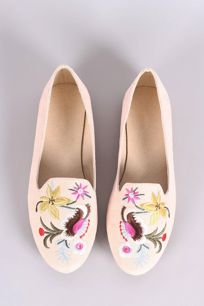 Qupid Embroidered Floral Suede Loafer Flat