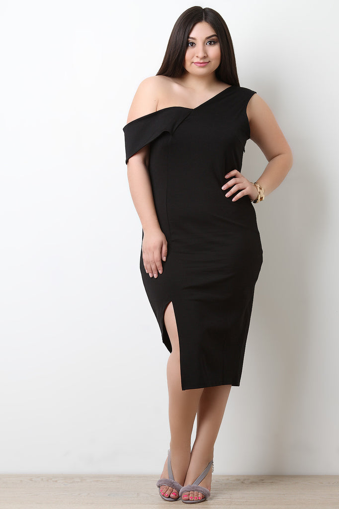 Asymmetrical One Shoulder Thick Knit Midi Dress
