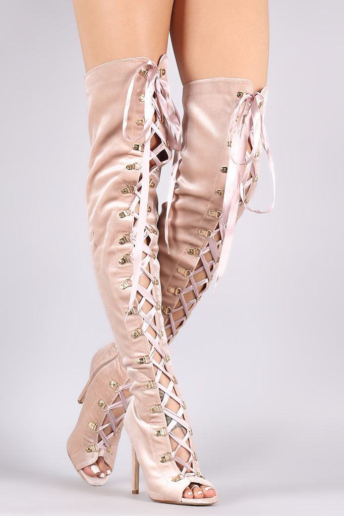 Velvet Ribbon Lace-Up Stiletto Over-The-Knee Boots