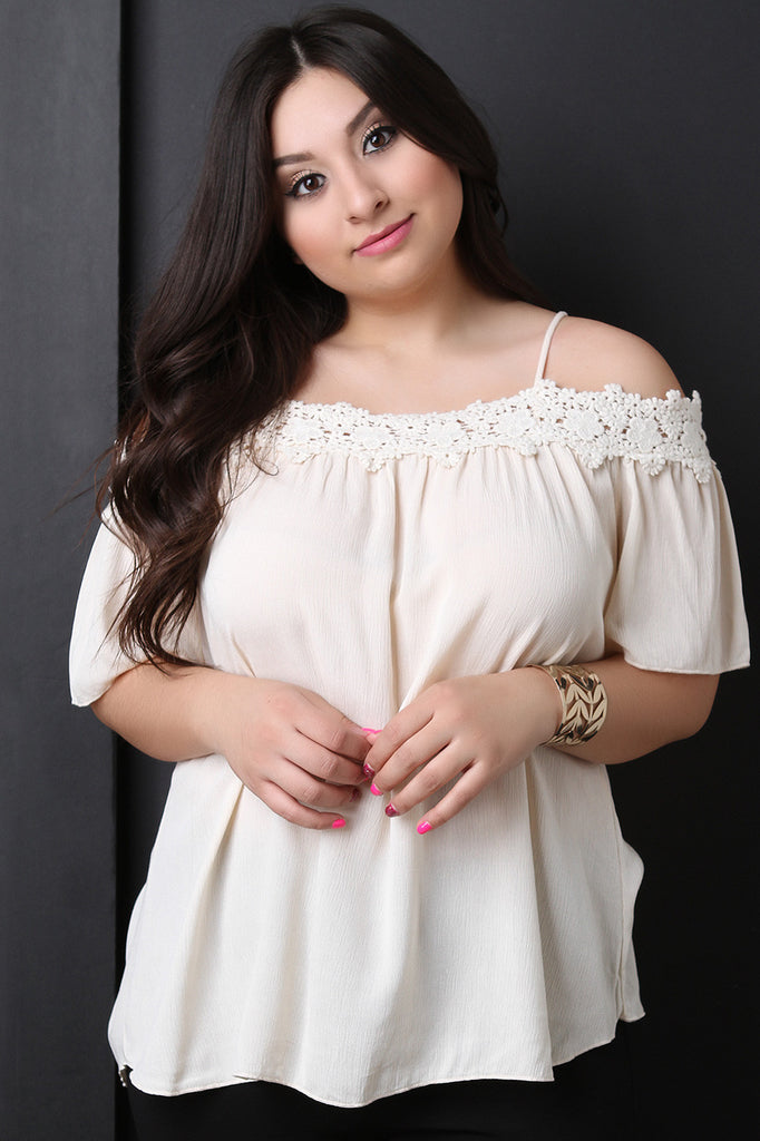 Floral Crochet Trim Cold Shoulder Top
