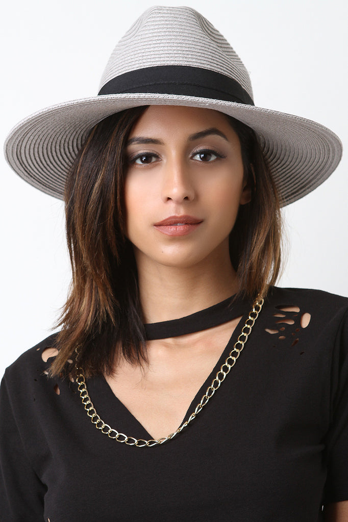 Stitched Straw Ribbon Trim Fedora Hat
