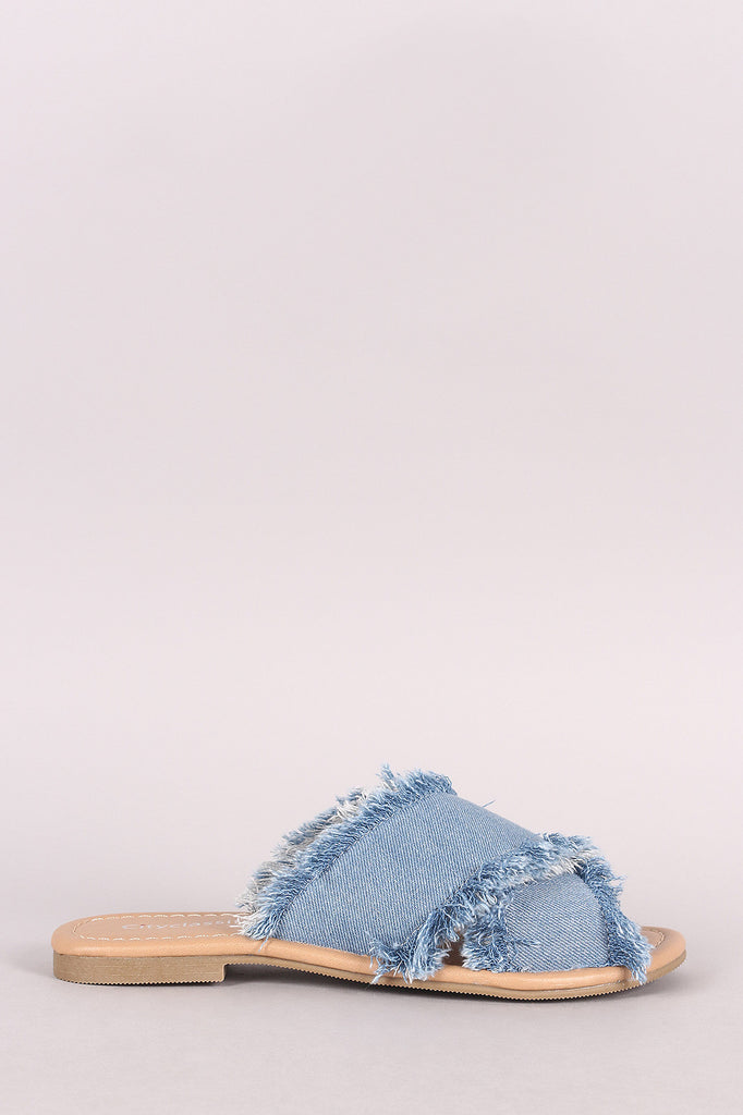 City Classified Crisscross Frayed Denim Slide Flat Sandal