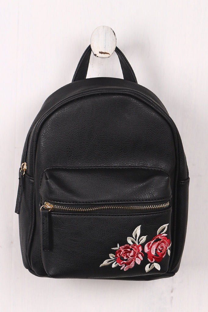 Vegan Leather Rose Embroidery Mini Backpack