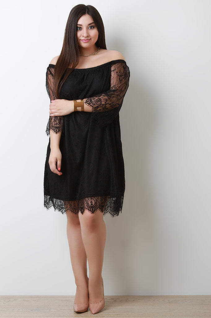 Semi-Sheer Lace Bardot Midi Dress