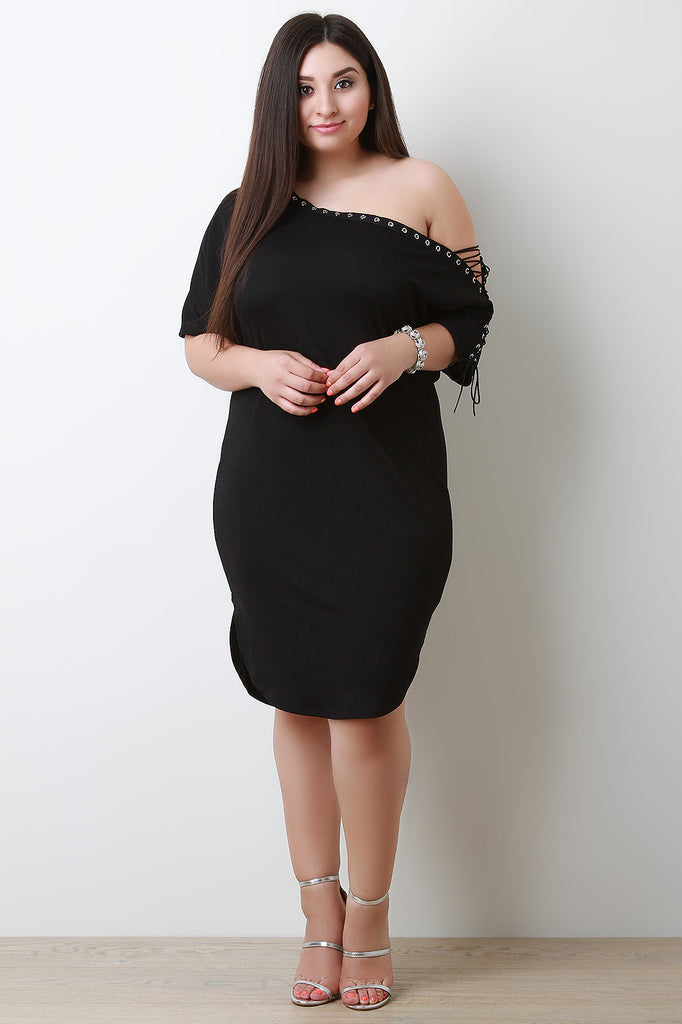 One-Shoulder Eyelet Trim Midi Dress