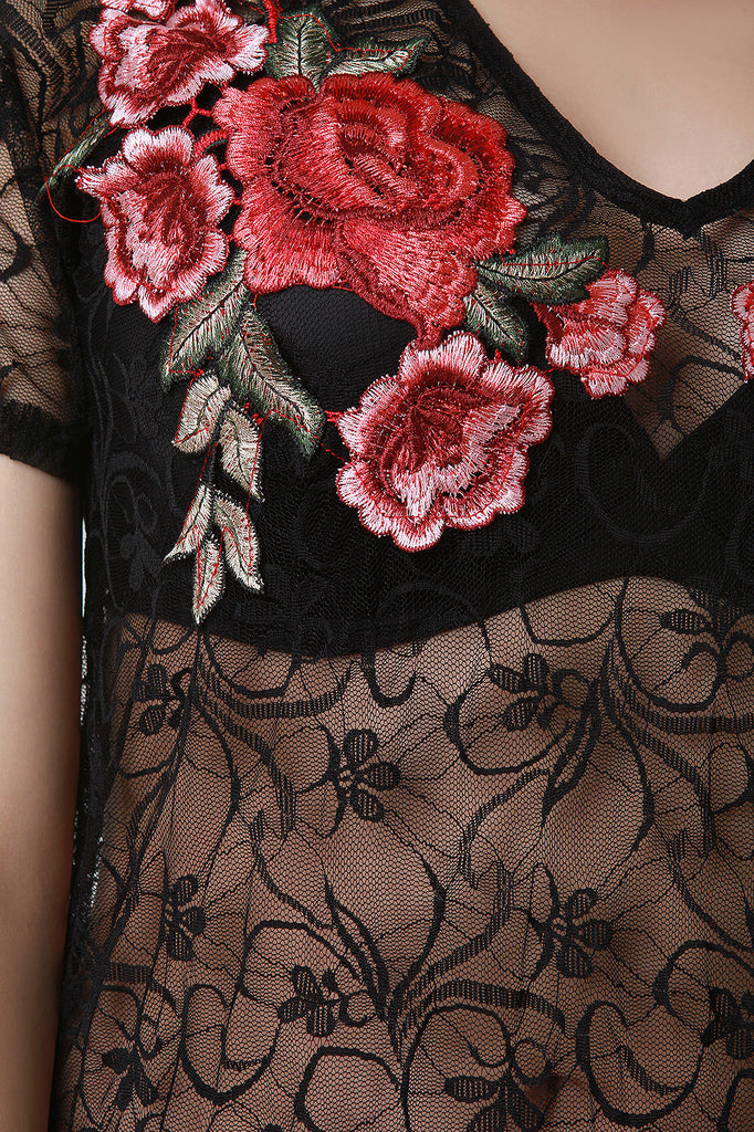 Floral Embroidered Yoke Lace Maxi Top