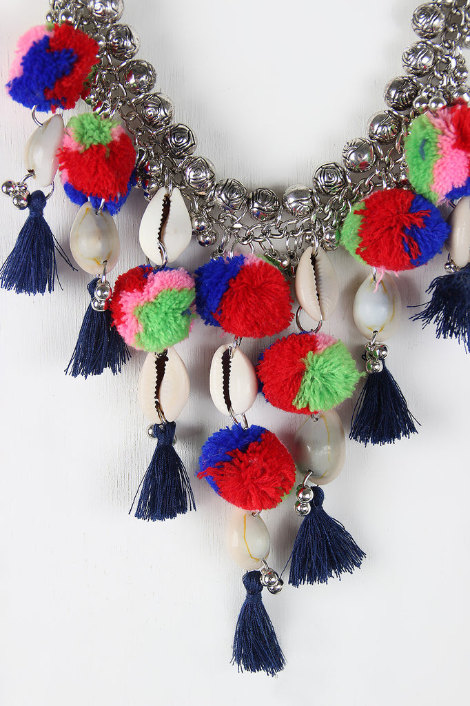 Pompom Cowries Shells Bib Necklace