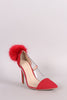Qupid Nubuck Fur Pom Pom Pointy Toe Lucite Pump
