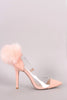 Qupid Nubuck Fur Pom Pom Pointy Toe Lucite Pump