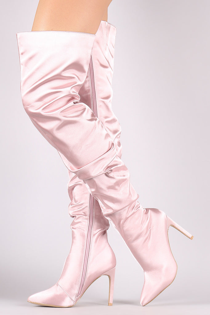 Slouchy Satin Pointy Toe Stiletto Over-The-Knee Boots
