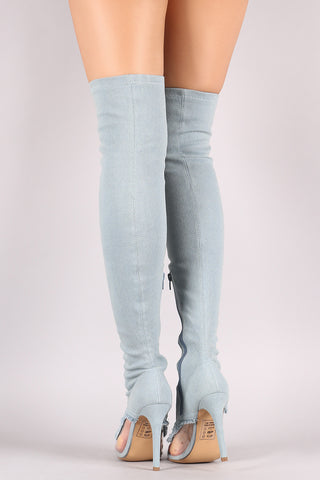 Shoe Republic LA Lucite Inset Fitted Denim Stiletto OTK Boots
