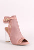 Qupid Perforated Suede Chunky Lucite Heeled Mule Booties