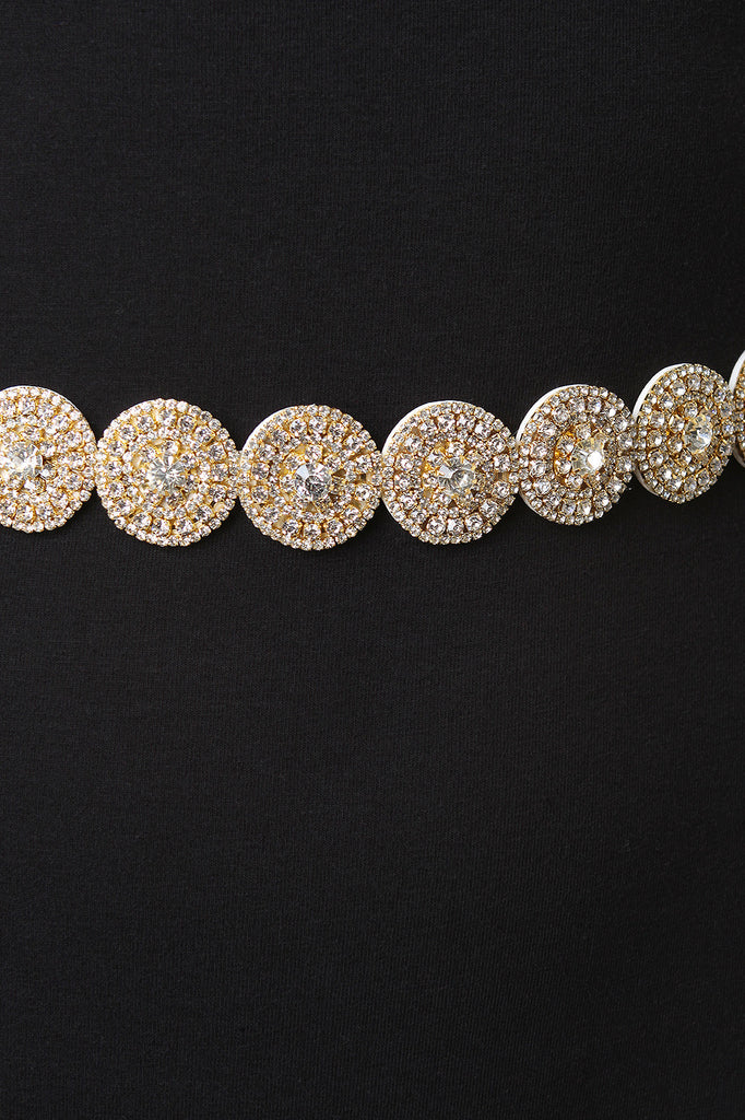 Circular Rhinestone Self-Tie Ribbon Belt
