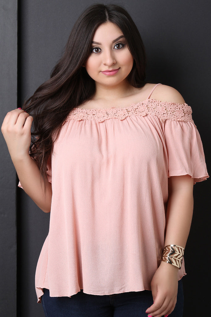 Floral Crochet Trim Cold Shoulder Top