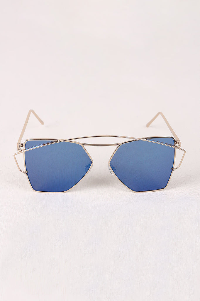 Geometric-Shape Mirrored Lens Double Brow Wire Frame Sunglasses