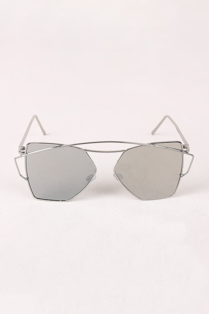Geometric-Shape Mirrored Lens Double Brow Wire Frame Sunglasses