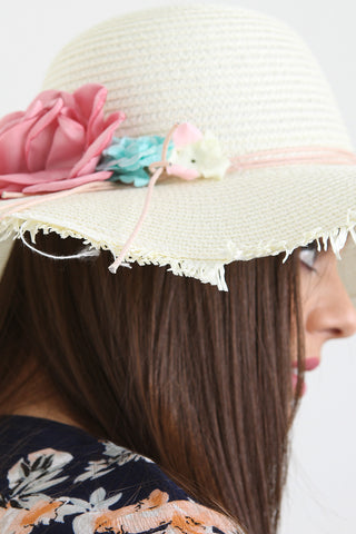 Floral With Cord Trim Straw Sun Hat