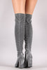 Foiled Metallic Fabric Chunky Heeled Over-The-Knee Boots