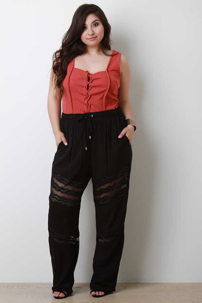 High Waist Lace Insert Wide Leg Pants